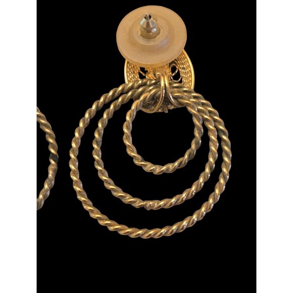 Vintage Triple Hoop Statement Earrings  Twisted Rope Textured Leaf Design - Picture 4 of 4